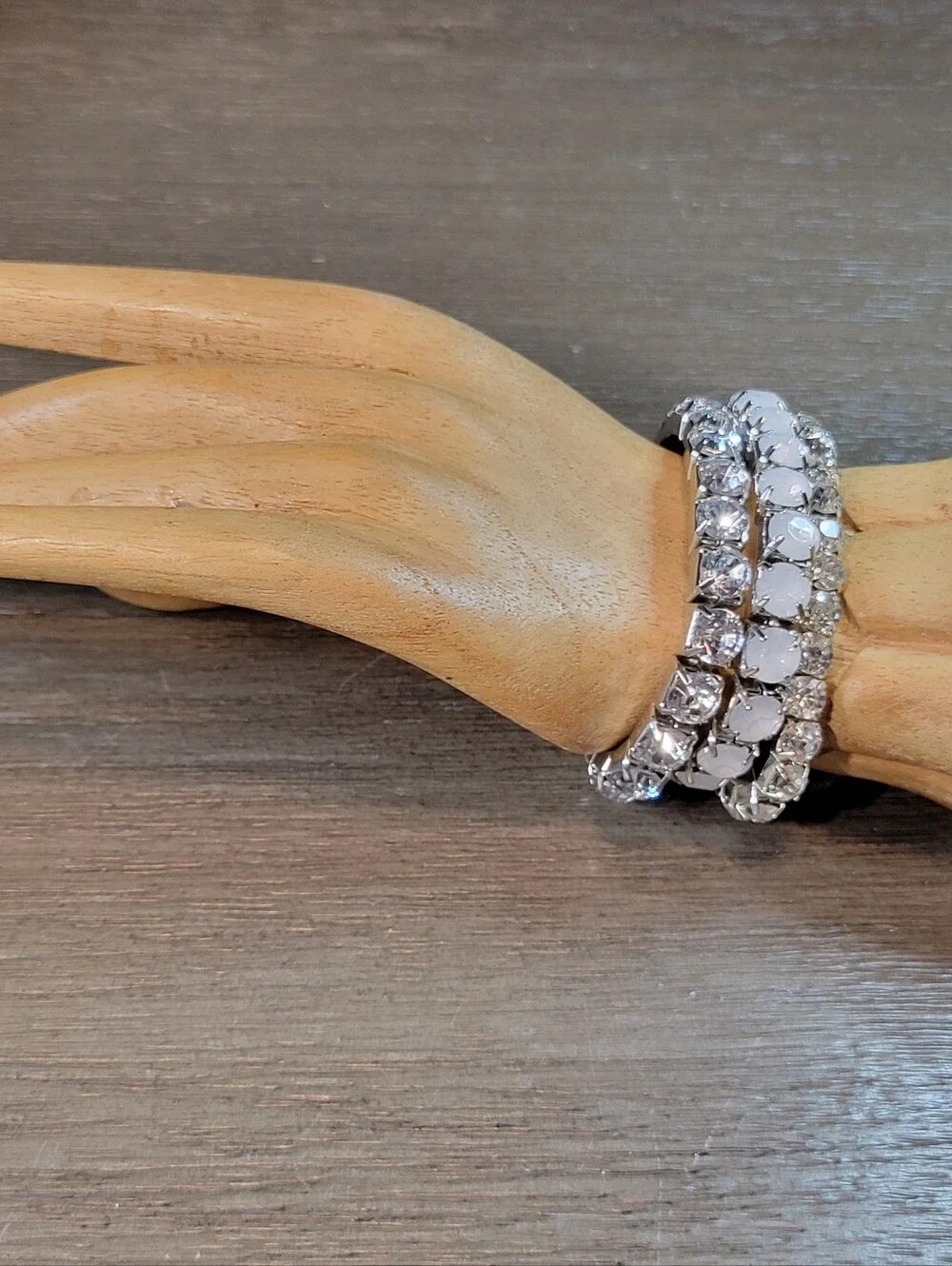 Set of 3 SilverTone White & Icy Rhinetstone Stretch Bracelets One Size Fits Most